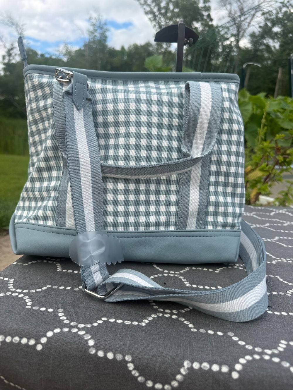 Betsey Johnson Blue and White Gingham Crossbody Bag with Flower Charm NWT - Picture 4 of 8